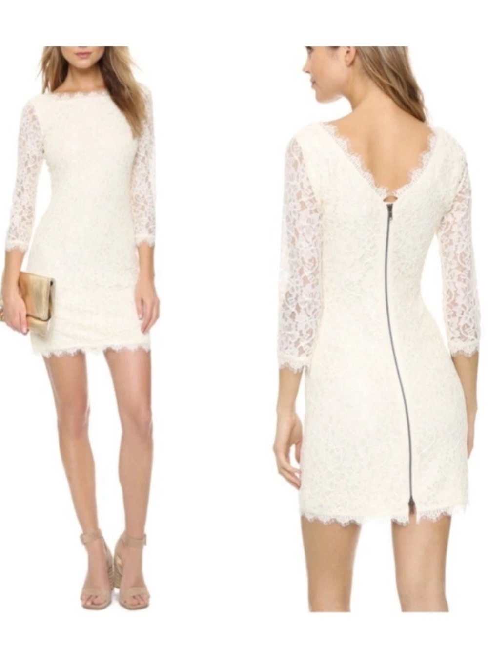 Diane Von Furstenberg Cream Lace Long-Sleeve Dress Size 4